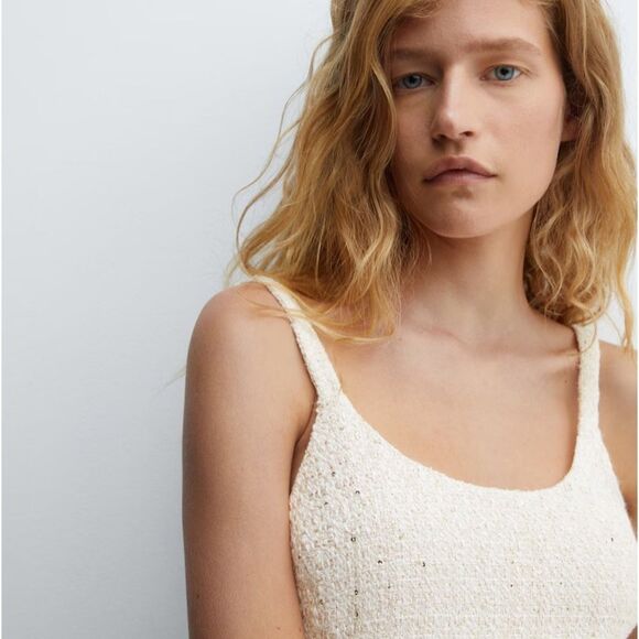 Mango Ivory Tweed Mini Dress Subtle Sequin Strappy Chic M - Picture 10 of 14